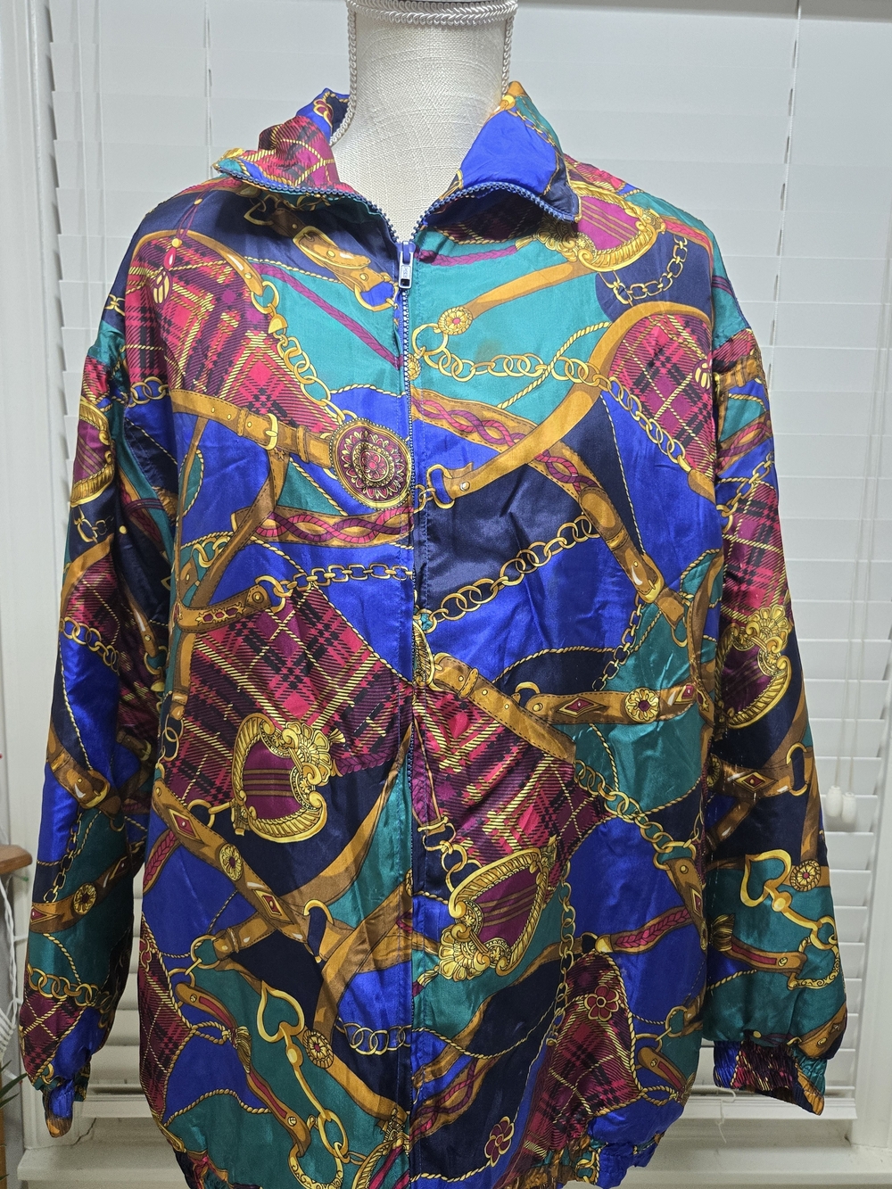 Vtg Avon Style Blue Green Gold Chain Design Silk Bomber Jacket Coat Womens Med